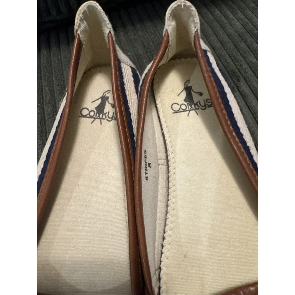 Corkys Corky's Navy Cream Striped Espadrille Flat Loafer Slip Ons Sz 8